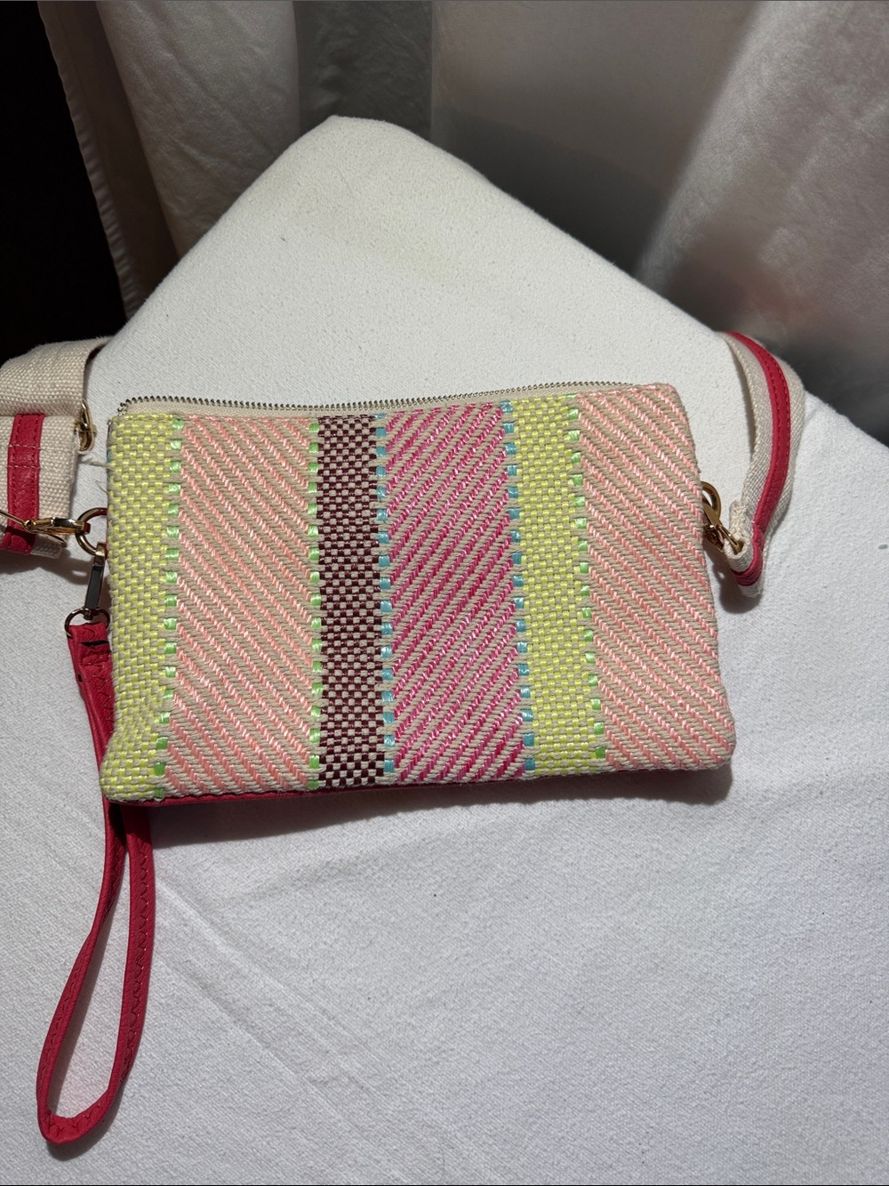 Jen & Co Striped Woven Wristlet Clutch in Pink and Lime
